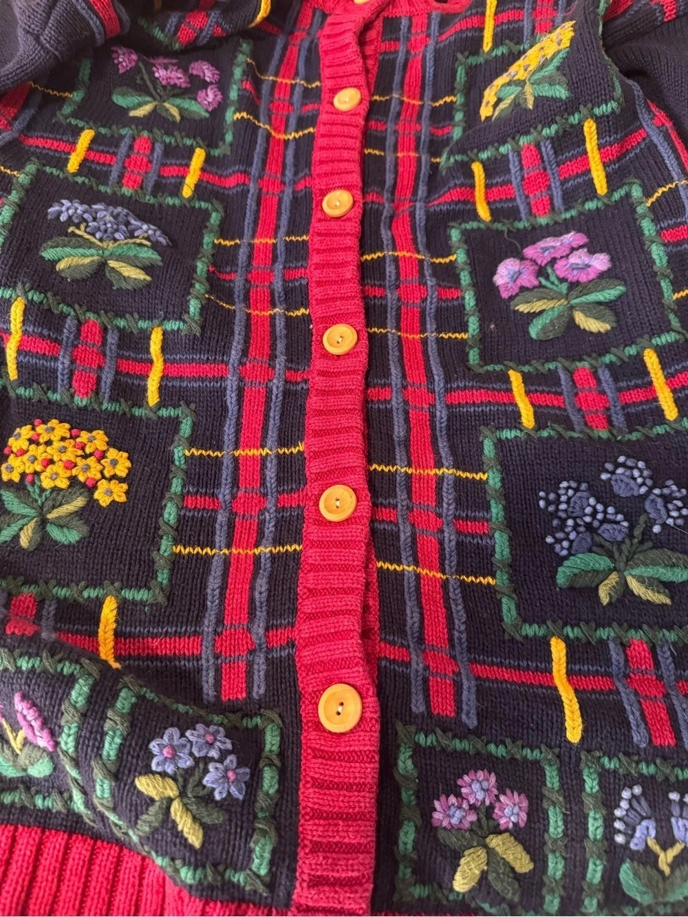 CLIMAX BY SASHA Vintage Floral Embroidered Plaid Knit Cardigan Sweater M MEDIUM - Picture 9 of 9